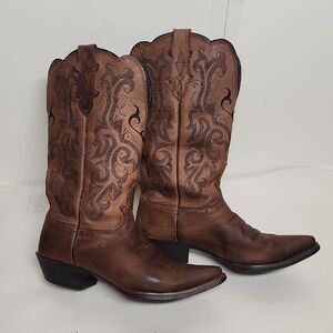 Justin Dark Brown Mustang & Black 8.5B Womens Cowhide  Leather Cowgirl Boots
